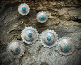 Sterling silver saddle conchos with genuine Kingman Matrix Turquoise